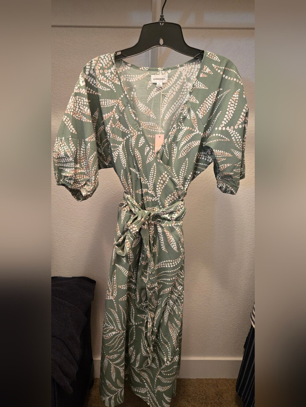 Summersalt Leaf-Print Wrap Maxi Dress in Sage Green With Poplin Sleeves